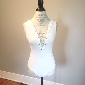 White Hooded Bodysuit with Front Button Detail